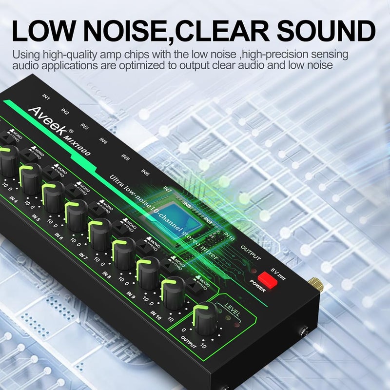Aveek 10 Channel Mixer - Mini 10 Stereo Audio Mixer, Low-Noise for Precision Sub-Mixing,1/4" TRS Input/Output Ideal for Mics/Guitars/Bass/Stage - 3 x 8.6 x 1.1 inches - Image 5